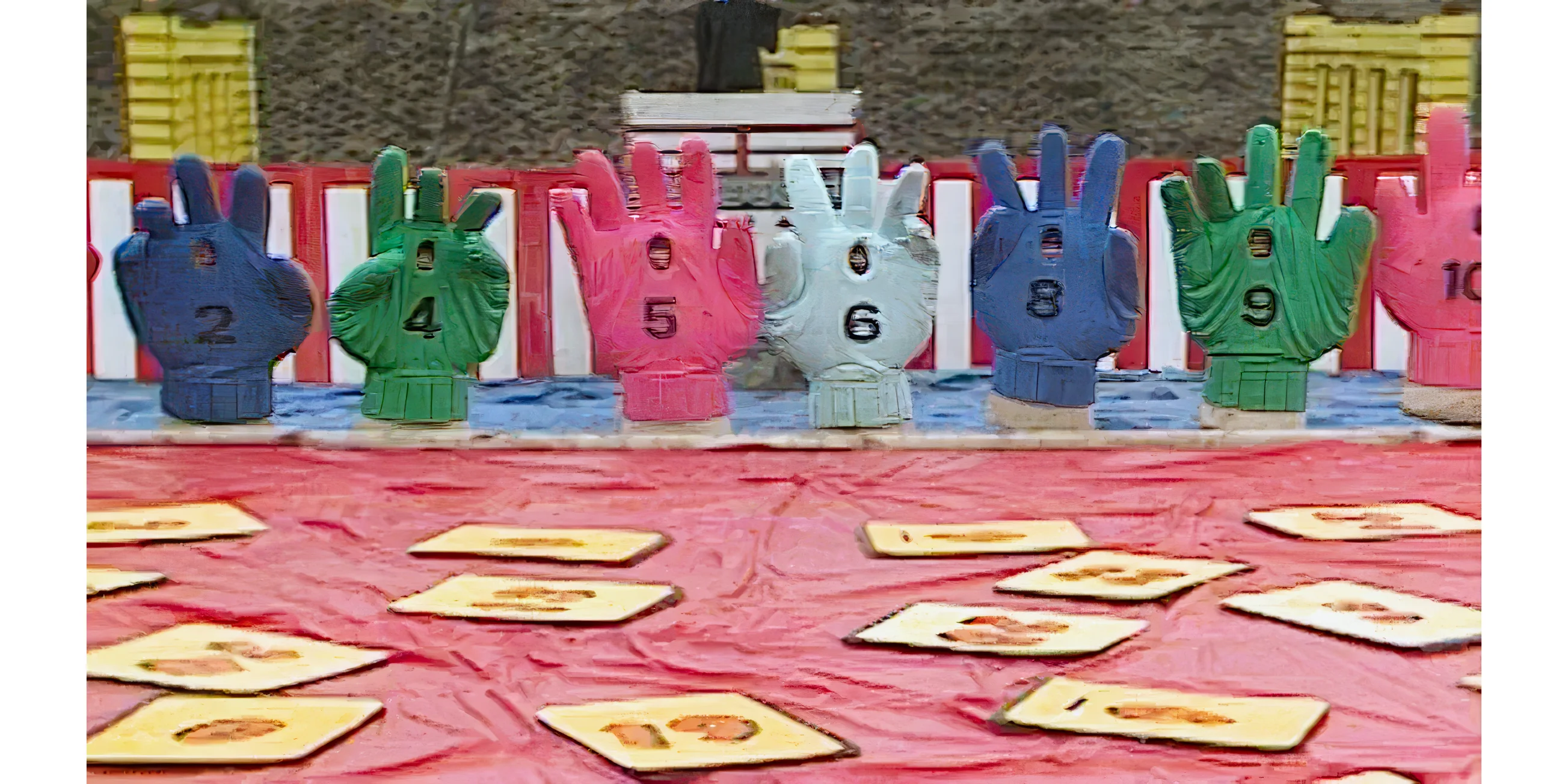 A row of contestants dressed as giant hands